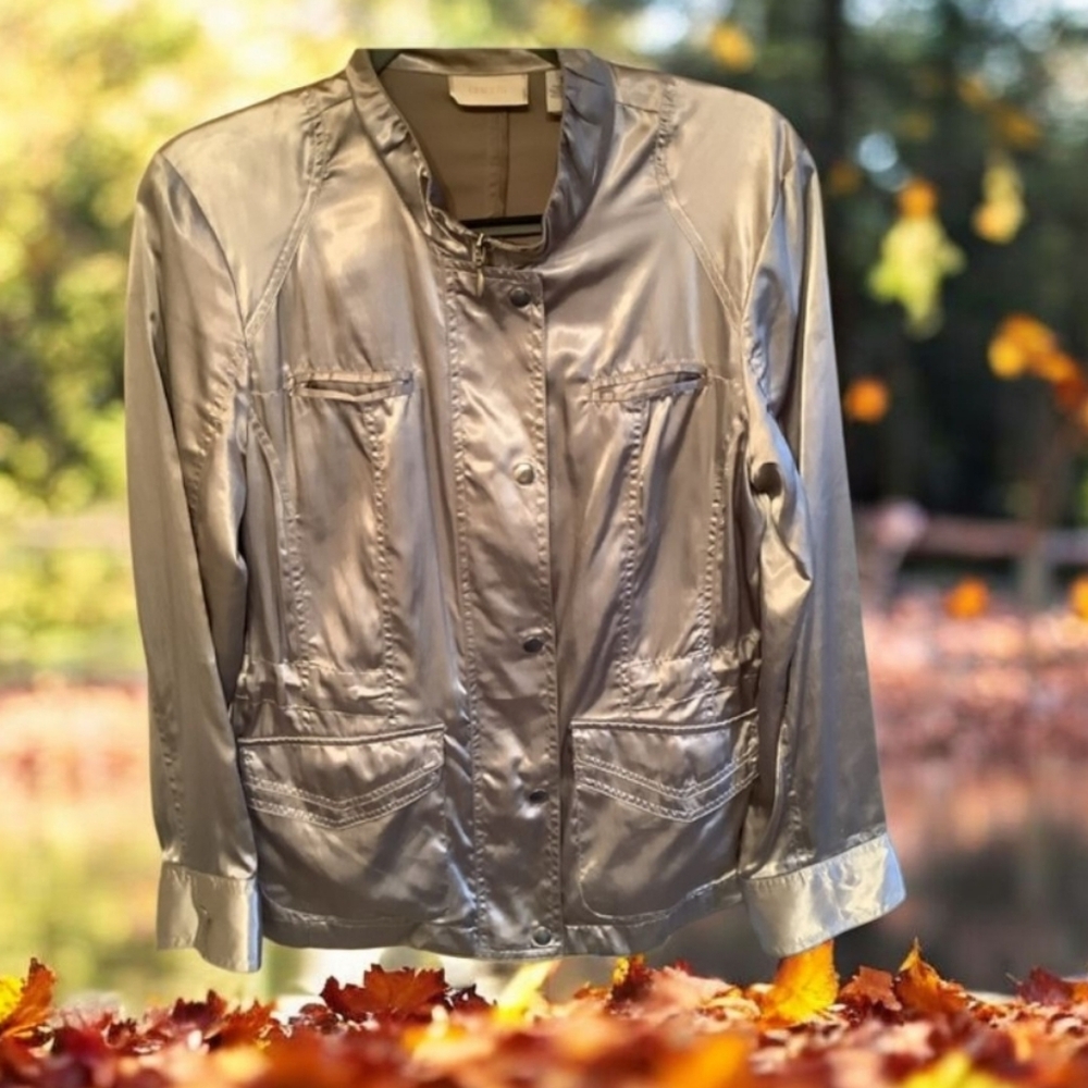 Chicos Metallic Bomber jacket size (1)  Champaign Color sexy material
